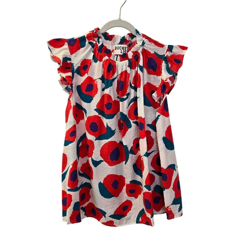 Bucket List Poppy Floral Print Ruffle Trim Cap Sleeve Blouse Size Large (est) Soft Knit Blouse