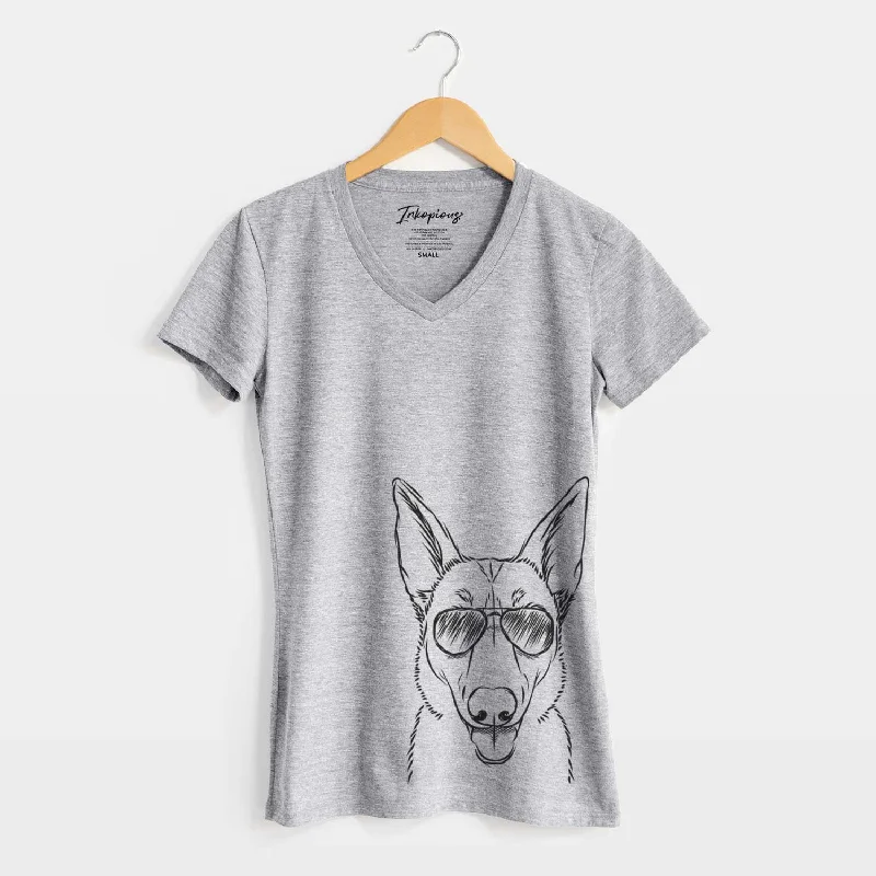 Aviator Lyric the Belgian Malinois - Women's V-neck Shirt-- Polka Dot Checkered Tartan