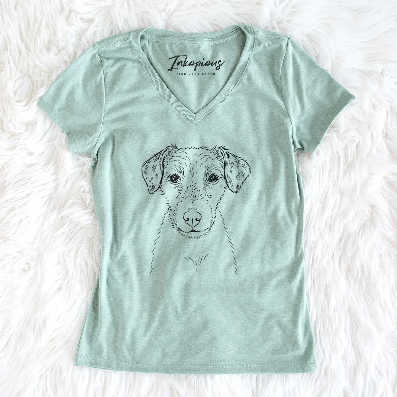 Bare Kozmo the Jack Russell Terrier - Women's V-neck Shirt-- Cotton Fabric Linen Fabric Terry Fabric
