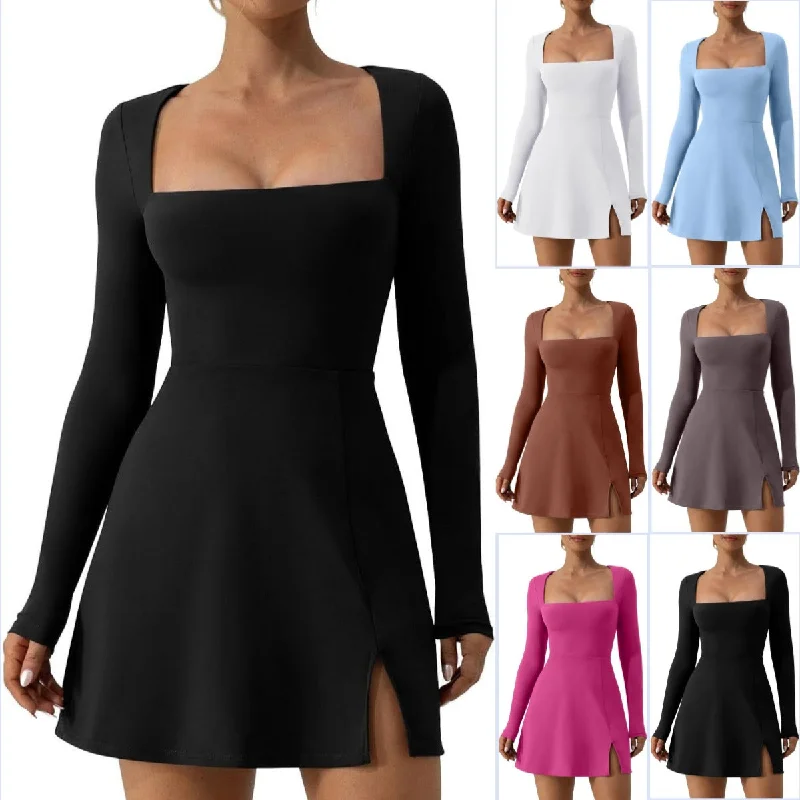 Wholesale Spandex Women's Square Neck Tight Fitting Corset, Long Sleeved Slit Flared Mini Dress Fashionable Off-Shoulder Mini Dress