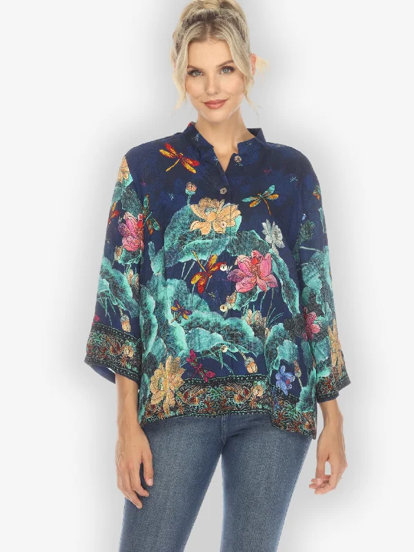 Dragonfly Lotus Turquoise Silk Blouse Office-Ready Blouse