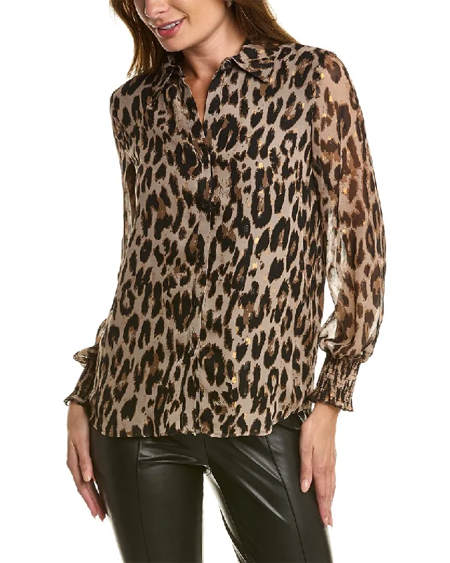 T Tahari Smocked Cuff Blouse Lightweight Chiffon Blouse