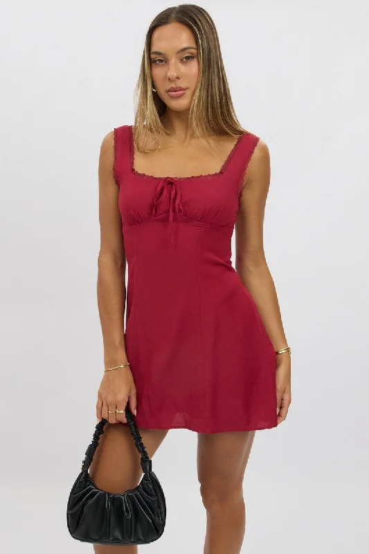 Red Mini Dress Gathered Bust Trendy Cut-Out Mini Dress