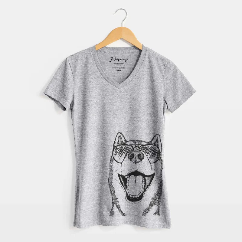 Aviator Little Country the Siberian Husky - Women's V-neck Shirt-- Fleece Nylon Spandex