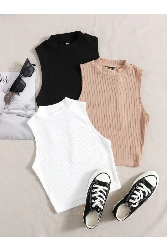Women's 3 Piece Ribbed 100% Cotton Knitted Camisole Crop Blouse Athlete High Neck Blouse