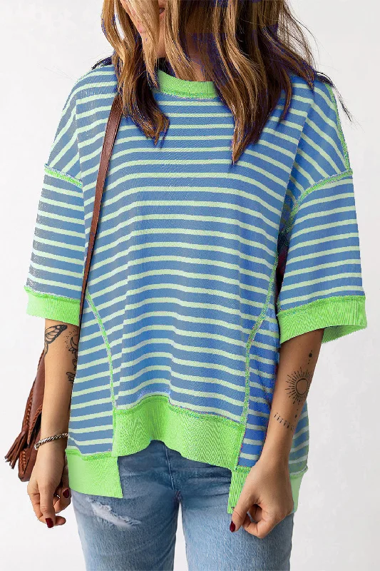 Lisa Striped Round Neck Half Sleeve T-Shirt-- Chenille Brocade Lace
