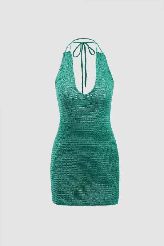 Halter Neck Backless Knit Mini Dress Cozy T-Shirt Mini Dress