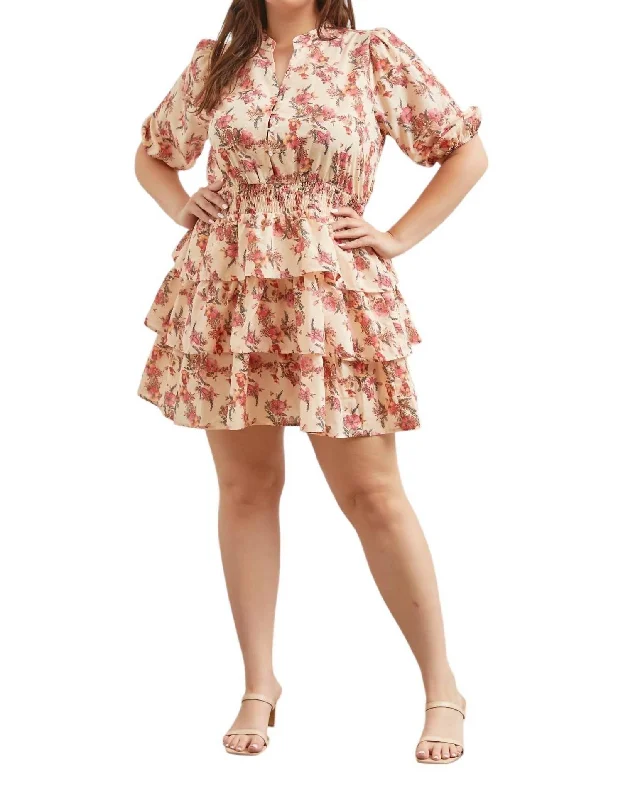 Plus Floral Mini Dress In Light Peach Elegant Satin Lace Mini Dress