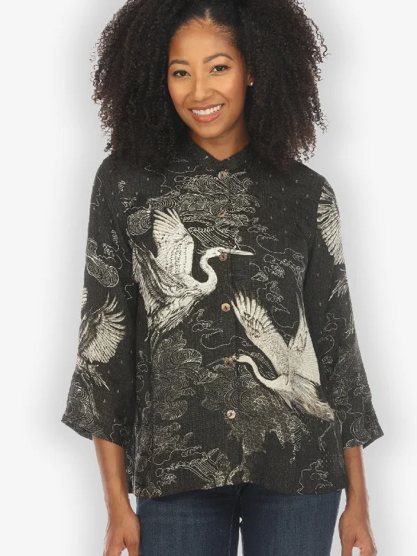 Galaxy Crane Silk Blend Blouse Elegant Lace Blouse