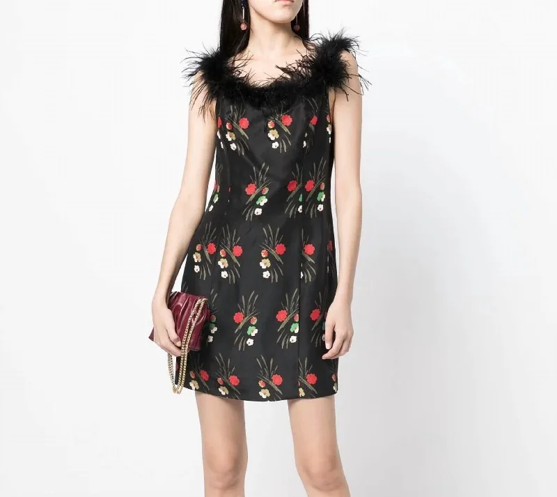 Floral-Print Feather-Trim Mini Dress In Black Casual V-Neck Mini Dress