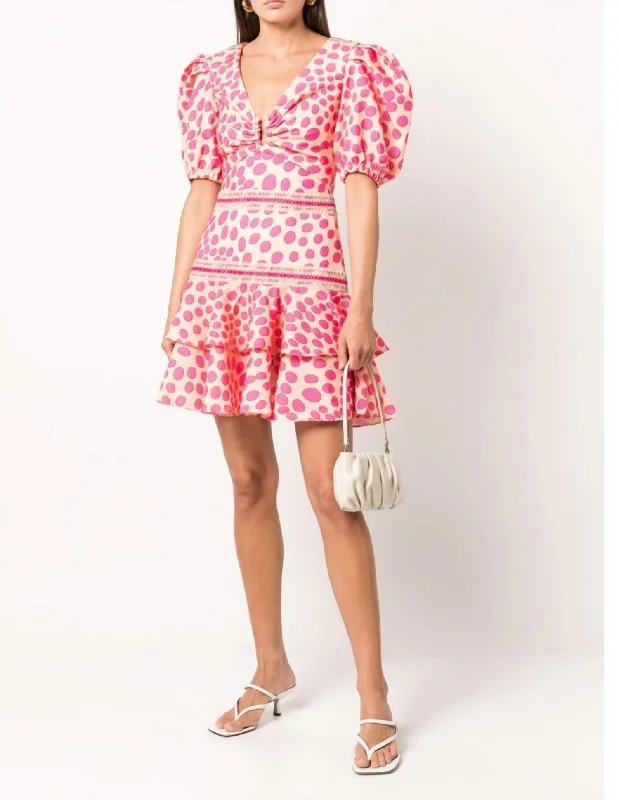 Bossa Lace Trim Puff Sleeve Layered Mini Dress In Pink/apricot Casual Mini Dress with Pockets