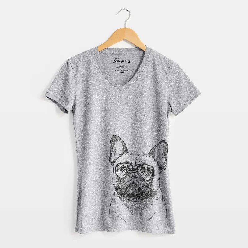 Aviator Kingsleigh the French Bulldog - Women's V-neck Shirt-- Graphic Embroidered Appliqued
