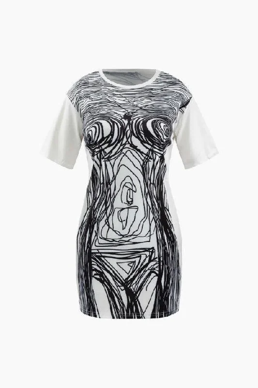 Abstract Line Print Short Sleeve Mini Dress Classic Floral Mini Dress