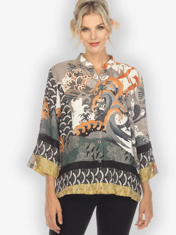 Waves and Cranes Silk Blouse Ruched Sleeve Blouse