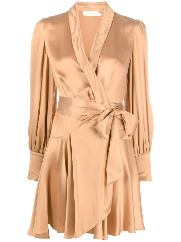Silk Wrap Mini Dress In Sand Stylish Ribbed Mini Dress