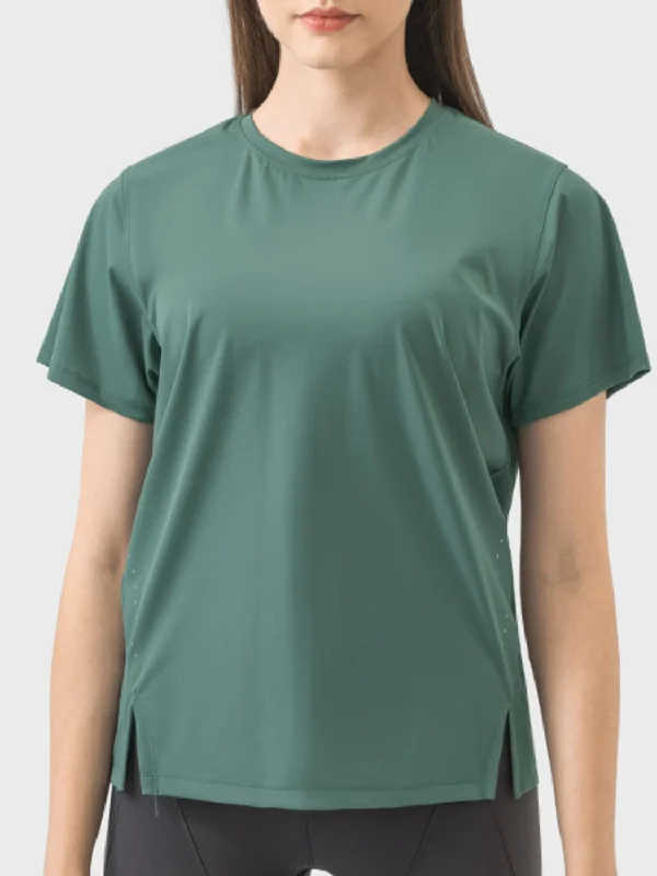 Malena Slit Round Neck Short Sleeve Active T-Shirt-- Chenille Blend Fleece Blend Nylon Blend