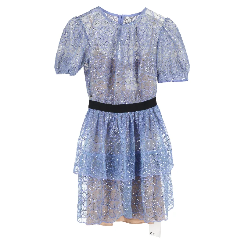 Self-Portrait Sequined Lace Mini Dress in Blue Polyester Stylish Puff Sleeve Mini Dress