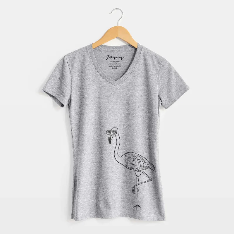 Aviator Mango the Flamingo - Women's V-neck Shirt-- Satin Blend Silk Blend Wool Blend