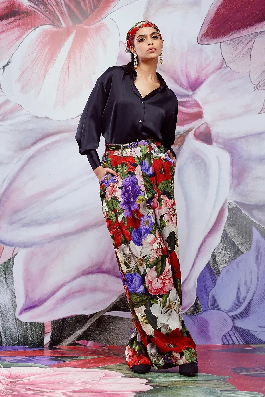 Satin Shirt With Oversized Pants-- Asymmetrical Pockets Print