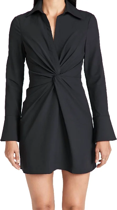 Women's Ruched Front Polo Collar Mckenna Mini Dress In Black Comfortable Shift Mini Dress