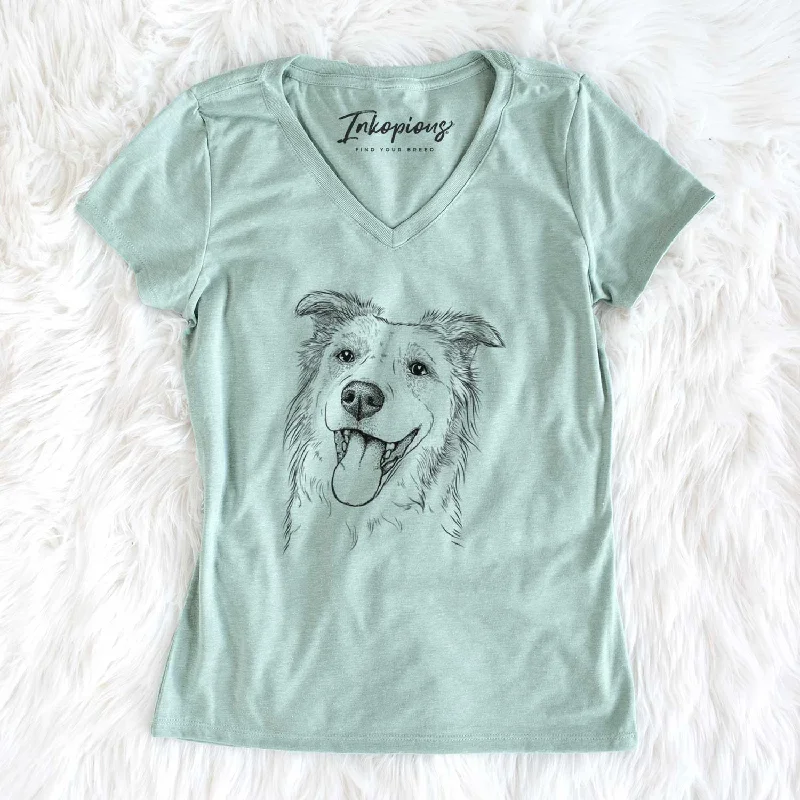 Bare Macaroni the Border Collie - Women's V-neck Shirt-- Mesh Blend Leather Blend Suede Blend