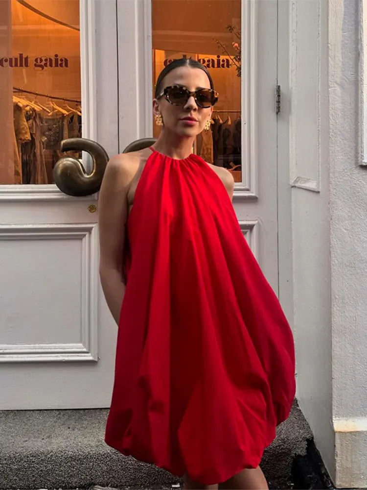 Advbridge Women Fashion Red Halter Mini Dress Sexy Round Neck Sleeveless Backless A-line Dresses 2024 New Summer Lady Beach Holiday Robes Cozy Ruched Mini Dress
