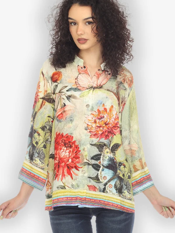 Chrysanthemum and Butterfly Silk Blouse Lightweight Tunic Blouse