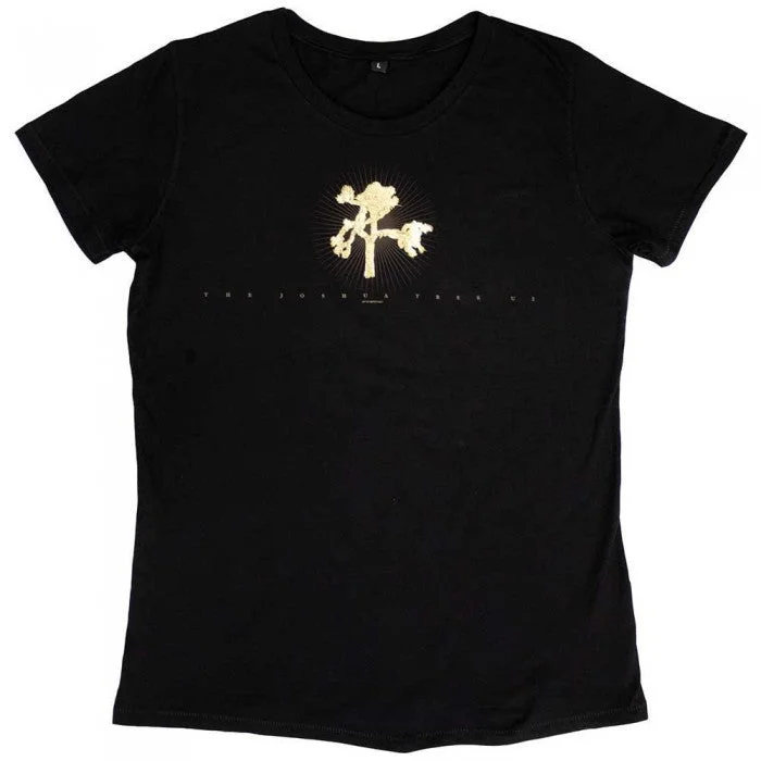 U2 Womens/Ladies Babydoll Gold Tree Flock T-Shirt-- Mesh Blend Leather Blend Suede Blend