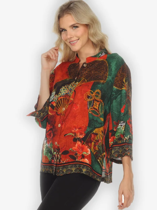 Fans and Water Citron Style Silk Blouse Gathered Detail Blouse