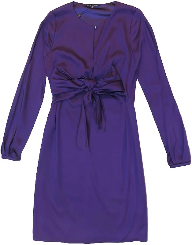 Women's Mira Long Sleeve Tie Bow Mini Dress In Purple Elegant Satin Lace Mini Dress