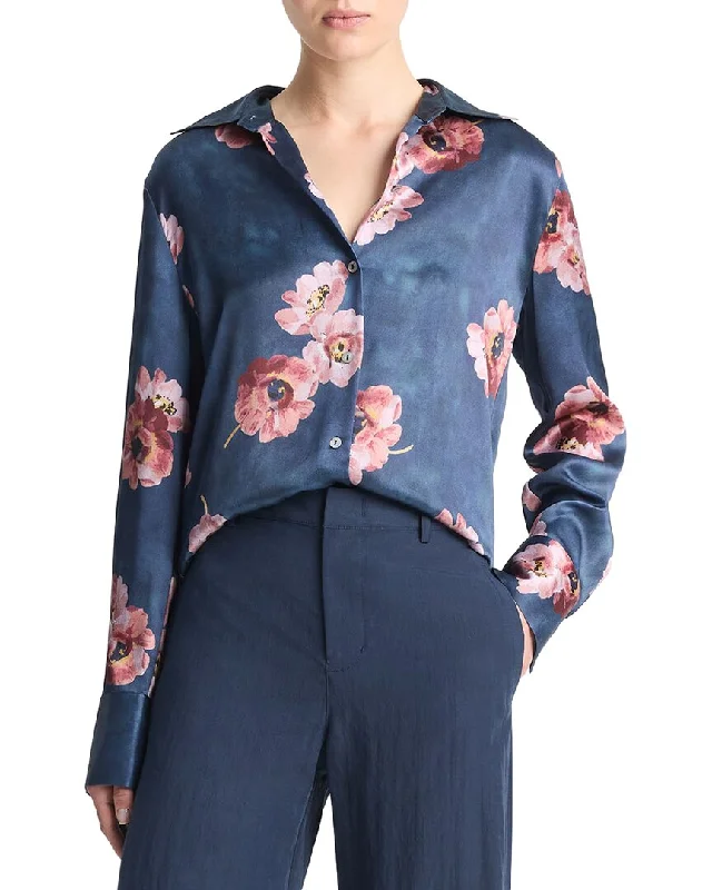 Vince Painted Poppy Silk Blouse Vintage Lace Blouse