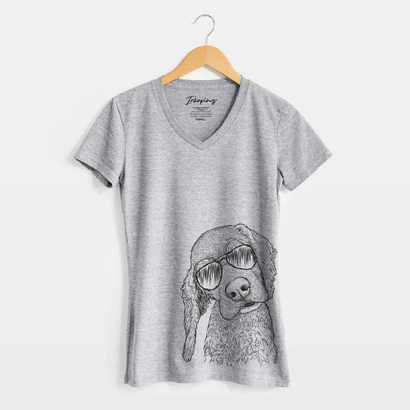 Aviator Mambo #5 the Cocker Spaniel - Women's V-neck Shirt-- Striped Floral Plaid