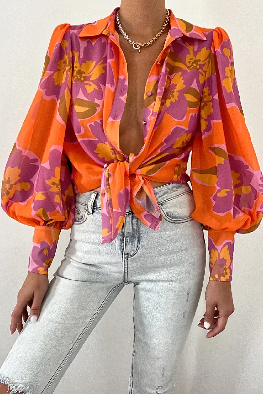 RUNAWAY THE LABEL Womens Fleetwood Blouse Orchid Print Classic Minimalist Blouse