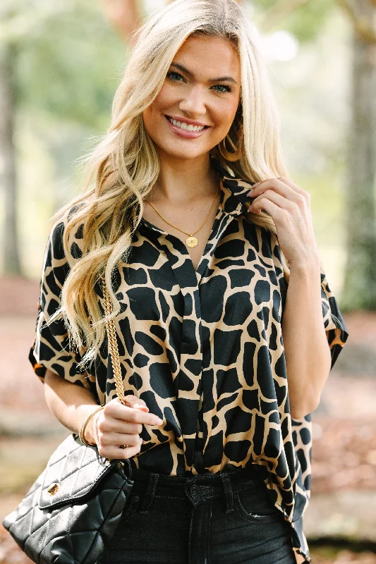 Feeling Your Best Black Giraffe Print Blouse Embroidered Floral Blouse