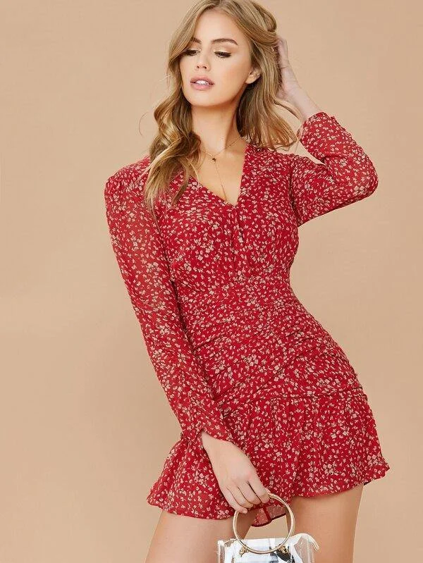 V-Neck Floral Print Long Sleeve Ruched Mini Dress Elegant Velvet Mini Dress