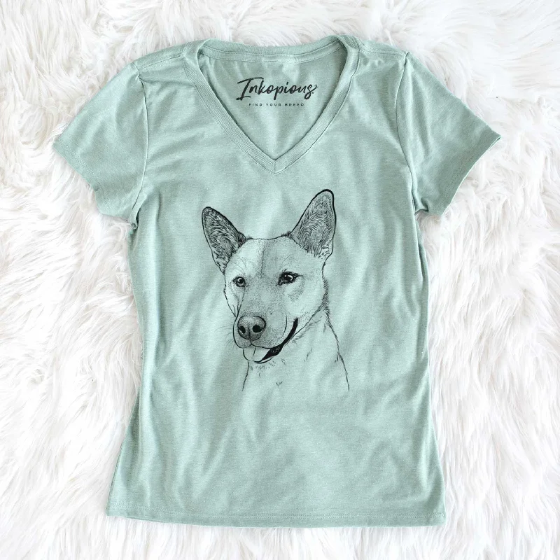 Bare Kulfi the Jindo Shiba Inu Mix - Women's V-neck Shirt-- Hooded Caped Shawl Collar