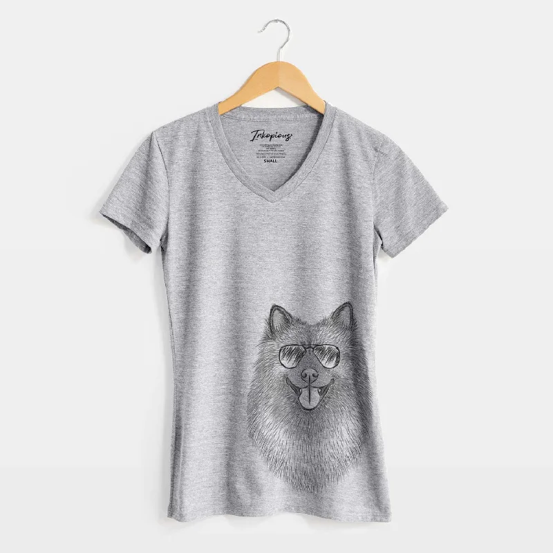 Aviator Kai the Keeshond - Women's V-neck Shirt-- Solid Print Embellished
