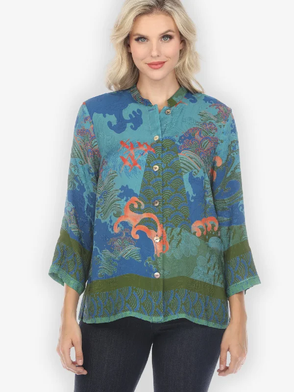 Waves and Cranes in Blue Silk Blend Blouse Chic Square Blouse