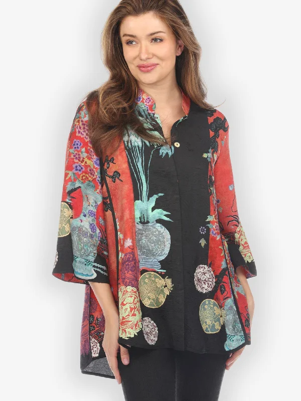 Landscape Mono Tree Silk Blouse Elegant Peplum Blouse