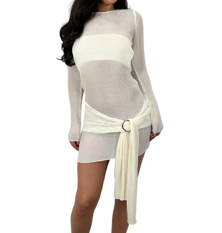 Sheer Plissé Belted Mini Dress In Cream Comfortable Polka Dot Mini Dress