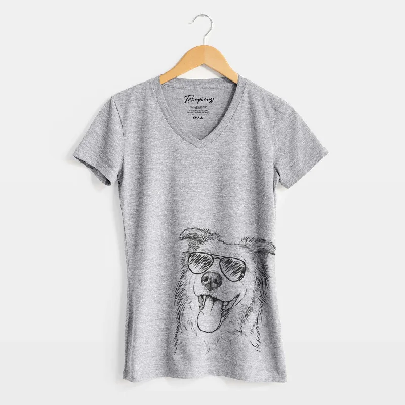Aviator Macaroni the Border Collie - Women's V-neck Shirt-- Terry Blend Velvet Blend Canvas Blend