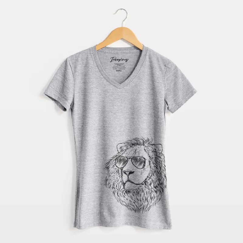 Aviator Lenny the Lion - Women's V-neck Shirt-- Nylon Fabric Polyester Fabric Spandex Fabric