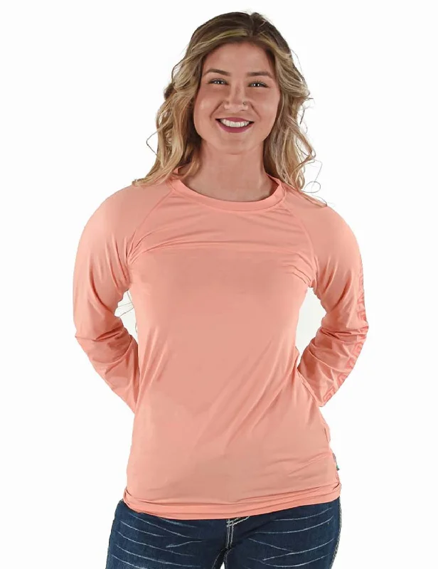 Cowgirl Tuff Womens Breathe Instant Baseball Coral Nylon L/S T-Shirt-- Welt Pockets Slit Pockets
