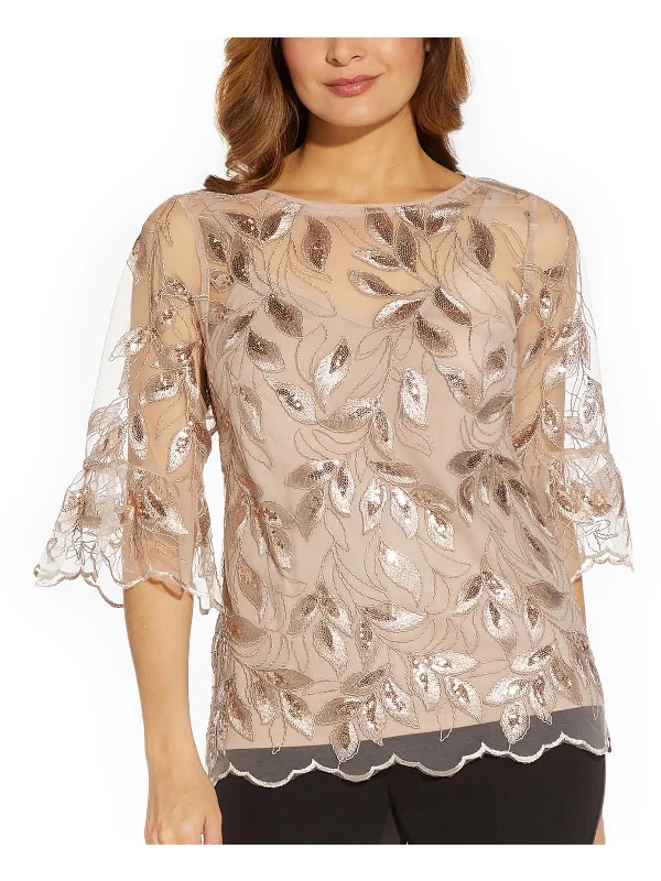 Womens Mesh Embroidered Blouse Balloon Sleeve Blouse