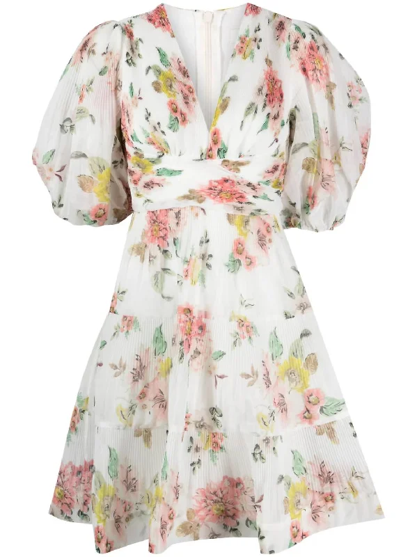Pleated Mini Dress In Coral Floral Chic Pleated Mini Dress