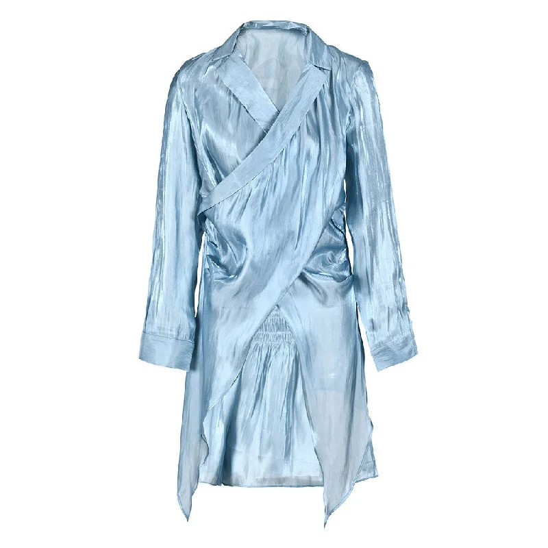 Asymmetrical Sheen Satin Wrap Blouse and Shirred High Waist Mini Skirt Matching Set Lightweight Tunic Blouse