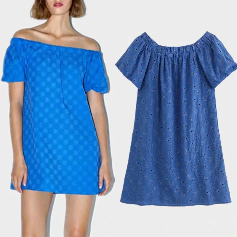 Bluish Embroiedry Mini Dress with Elastic Straight Neckline Chic Halter Mini Dress