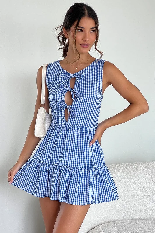Blue Check Mini Dress Ribbon Detail Elegant Tulle Mini Dress