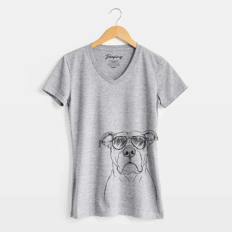 Aviator KiaOra the Pitbull Mix - Women's V-neck Shirt-- Houndstooth Herringbone Solid