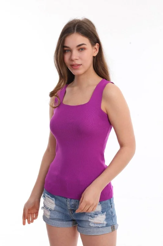 Women's Plum Color Square Collar Strap Knitwear Blouse Athlete Double Button Blouse